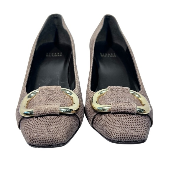 STUART WEITZMAN The Tube Textured Brown Napa Gold Buckle Square Toe Pumps Sz 7.5 - Picture 6 of 16
